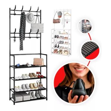 Imagem de Arara Cabideira com Prateleiras, Preta, Metal, 4/5 Andares, Organizador de Roupas e Acessórios, Montagem Fácil (Preto)