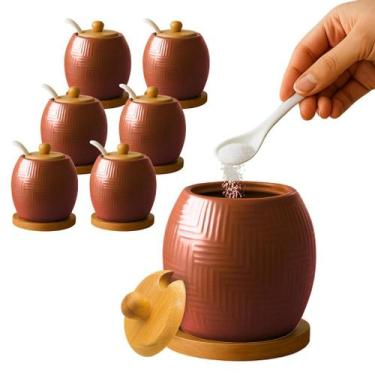 Imagem de Kit 6 Açucareiro Saleiro De Cerâmica Com Tampa De Bambu E Colher 250ml