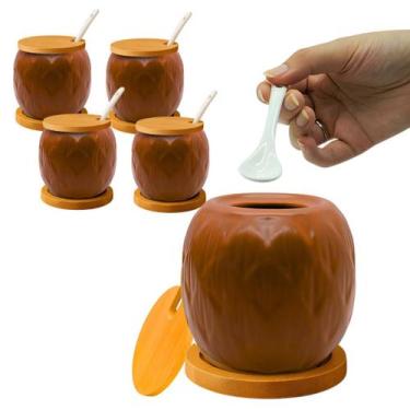 Imagem de Kit 4 Açucareiro Saleiro De Cerâmica Com Tampa De Bambu E Colher 350ml