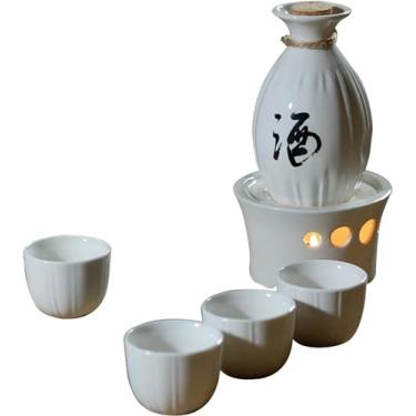 Imagem de JOEUQK Conjunto de saquê com forno de aquecimento, conjunto de 6 peças de cerâmica japonesa Hot Saka, incluindo 1 pote de saquê, 4 copos de saquê e 1 base, A