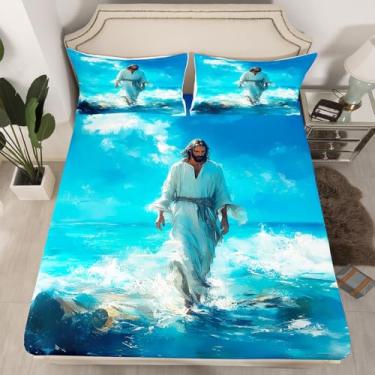 Imagem de Jogo de lençol casal com versículos bíblicos cristãos, praia e oceano azul, 3 peças, para decoração de quarto de crianças, adolescentes e adultos, lençol com elástico alto, arte a óleo, 2 fronhas