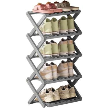 Imagem de Sapateira, Rack De Armazenamento De Sapatos Dobrável Portátil De 3/4/5 Andares, Sem Instalação Organizador De Sapateira Pequena, Torre De Sapateira Vertical De Bambu P, Grey, 5 Layers