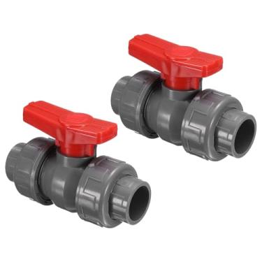 Imagem de PATIKIL Válvula esférica de união dupla ID de 25 mm, pacote com 2 interruptores de válvula de desligamento tipo soquete de PVC para controle de fluxo de água, cinza e vermelho