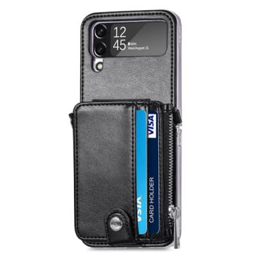 Imagem de Capa de couro para celular com compartimento para cartão para Samsung Galaxy Z Flip4 flip5 5G Flip 5 4 flip3 flip 3 Zflip4 com alça de telefone capa carteira, preta, para Samsung z flip 5