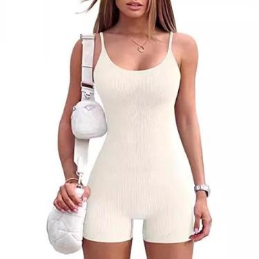 Imagem de Treino Feminino Sem Costura Ioga Macacão Com Nervuras Bodycon One Piece Spaghetti Strap Shorts, White, S