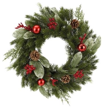 Imagem de DEVONWIDE Guirlanda de Natal para porta da frente de 15,7 polegadas, guirlanda de decoração de Natal artificial com bolas, pinhas e cachos de frutas vermelhas, para parede, janela, varanda, decoração