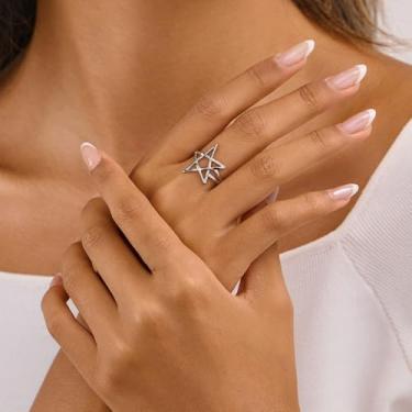 Imagem de Anéis vazados de estrela aberta para mulheres e homens, pentagrama clássico, pentagrama, anel ajustável, moderno, aço inoxidável, proteção, amuleto, joia de boa sorte, coquetel, festa de aniversário