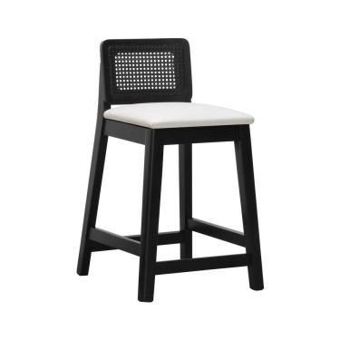 Imagem de Banqueta Média Gabi Madeira Maciça Telinha - Preto Assento Estofado Corano Bege