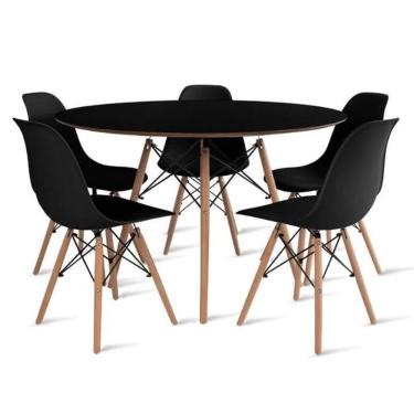 Imagem de Conjunto De Mesa De Jantar Eames Eiffel Redonda 120cm Tampo De Madeira Preto Com 5 Cadeiras Pretas