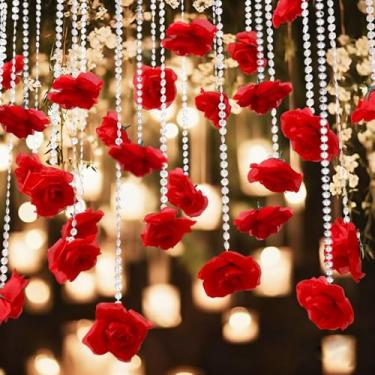 Imagem de AceOrbit 24 peças guirlanda pendurada de rosa vermelha para o Dia dos Namorados, flâmula de flores de rosa artificial, guirlanda de cordão de contas de cristal para o dia dos namorados, casamento