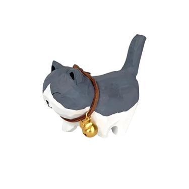 Imagem de Poranlem Estatueta de gato de madeira feita à mão com coleira de sino esculpida à mão mini ornamento de gato fofo exclusivo presente para amantes de animais decoração de arte folclórica escultura de