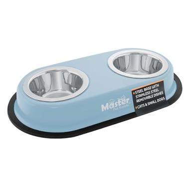 Imagem de Master Pet Supply Conjunto de tigelas duplas para cães com base elevada e 2 pratos removíveis de aço inoxidável (227 g) (azul geleira) – tigela de água dupla para comida de gato, conjunto de tigela de