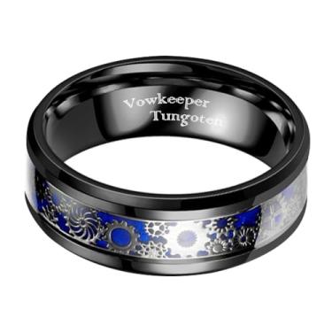 Imagem de Anel de casamento masculino de tungstênio preto de 8 mm, incrustado com padrão de engrenagem azul, estilo vintage industrial steampunk, aliança de casamento tamanho 7-13, Metal, Sem pedra preciosa