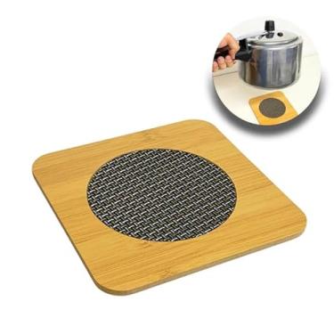 Imagem de Descanso de Panela e Copo em Bambu, Base Quadrada com Malha Metálica, 14,5 x 14,5 cm, Protetor de Mesa Multifuncional para Cozinha