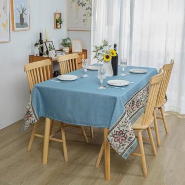 Imagem de Dimatic Toalha de mesa retangular de linho de algodão com padrão botânico para cozinha, mesa de jantar, piquenique, capa de mesa para decoração de festas, azul, 139 x 213 cm
