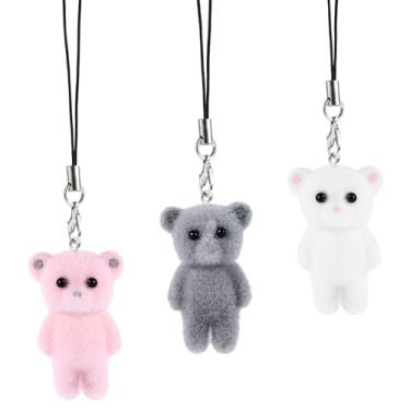 Imagem de Berloques de telefone fofos, berloques de telefone de urso kawaii flocagem acessórios para bolsa pingente chaveiro chaveiro câmera (estilo 1, branco rosa cinza)