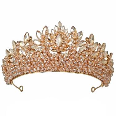 Imagem de QXMYOO Elegante coroa de strass para mulheres, tiara de casamento de 7,6 cm, coroas de princesa de cristal para 16 anos, 15 anos (champanhe)