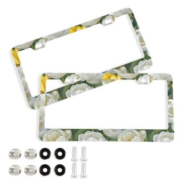 Imagem de SEHANY Molduras de placa de licença de flores florais coloridas, capas de moldura de placa de carro de alumínio à prova de ferrugem com orifícios elípticos e parafusos serve para veículos padrão dos