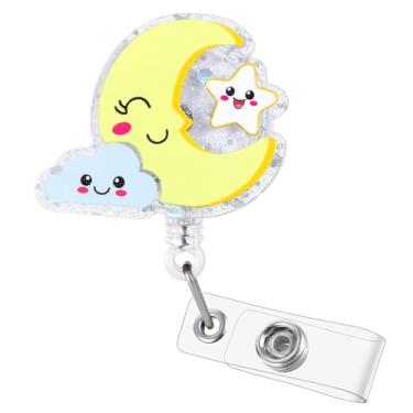 Imagem de Carretel de crachá fofo nuvem lua estrela enfermeira, porta-crachá engraçado retrátil para identidade, crachá pediátrico, crachá amigo para RN LPN CNA MA OB/GYN Laboratório do sono, estudantes de
