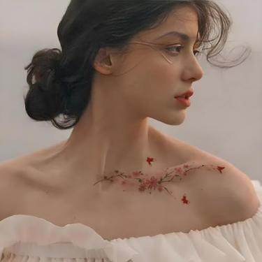Imagem de 5 folhas elegante flor de pêssego borboleta tatuagem temporária realista floral arte corporal adesivo para adultos estilo neo-chinês clavícula tatuagem adesivo para mulheres