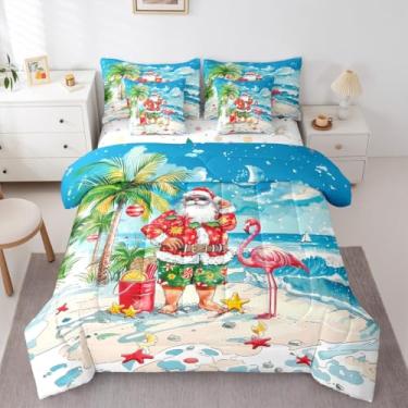 Imagem de Feelyou Conjunto de edredom de Natal com tema havaiano, 7 peças, Queen, para crianças, meninos, meninas, palmeira, flamingo, decoração de quarto, estrela-do-mar, macio, leve