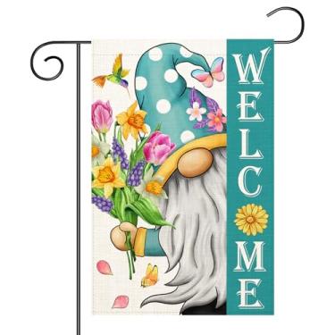 Imagem de Welcome Spring Gnomos Bandeira de jardim 30,5 x 45,7 cm Bandeira vertical de exterior para primavera verão decoração de casa de fazenda quintal gramado jardim banner (bandeira de jardim de primavera)