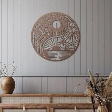 Imagem de Arte de parede minimalista sol lua coqueiro, pintura moderna de folha de flandres de cena de praia para paredes internas e externas (marrom)