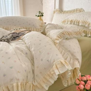 Imagem de VM VOUGEMARKET Conjunto de capa de edredom de flores Queen romântico com babados e renda algodão musselina macio, capa de edredom de linho respirável como gaze com fecho de zíper 228,6 cm x 228,6 cm