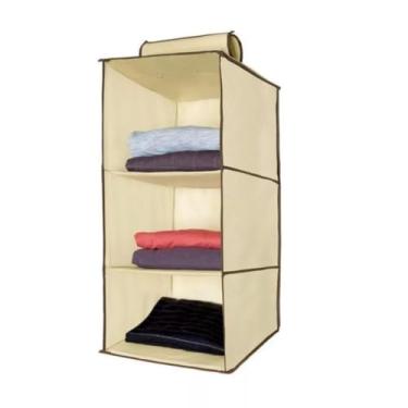 Imagem de Kit 3 Organizadores Vertical Suspenso para Cabideiro com 5 Prateleiras, Bege com Detalhes Marrom, TNT 80g, 70x30x15 cm, Dobrável