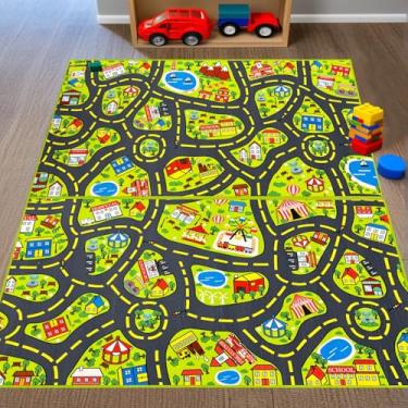 Imagem de FJKJHKGJ Tapete de carro para crianças – 2 peças de tapete de pista de estrada da cidade, tapetes educativos para sala de jogos, sala de jogos, cada 2,5 x 5 pés