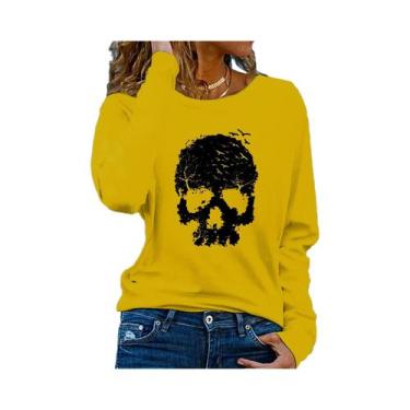 Imagem de Camiseta Feminina De Manga Longa 100% Algodão Com Estampa De Caveira, 