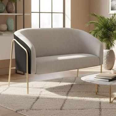 Imagem de Sofá Namoradeira Stella Industrial Alta Champanhe Sintético Pu Preto Linho Cinza D03 - D`rossi