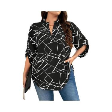 Imagem de Blusa Feminina plus Size Com Decote Em V E Manga Longa Casual Elegante
