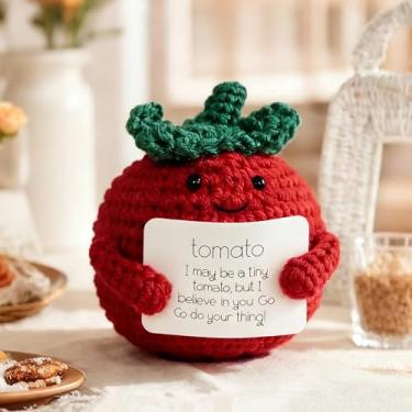 Imagem de Sobremesa artística de crochê positiva – decoração fofa de tomate de desenho animado, kits de crochê feitos à mão, festival, aniversário, presentes de Natal para mulheres ou homens
