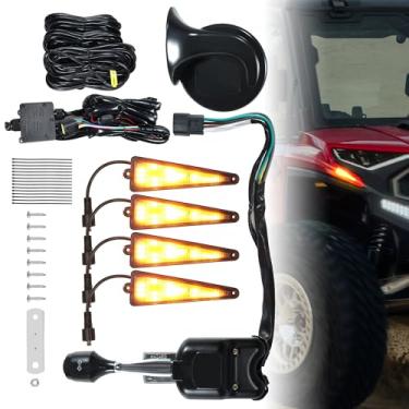 Imagem de EOQIFJM Kit universal de seta UTV com buzina de 110 dB, Plug and Play, kit de pisca-pisca UTV ATV pré-conectado com interruptor de coluna de alavanca, kit de seta legal de rua compatível com Polaris
