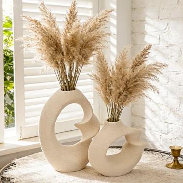 Imagem de Mulaibdin Conjunto de 2 vasos de cerâmica branca, vasos de flores decorativos grandes estilo boêmio, decoração de arte moderna fosca para sala de estar, estante de livros, entrada, decoração de casa