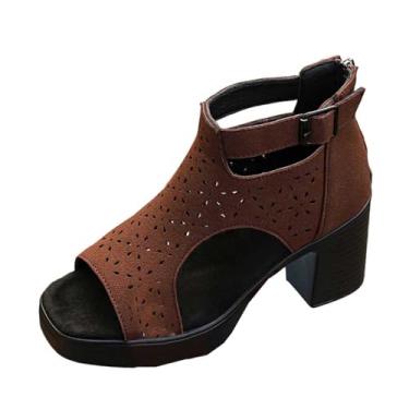 Imagem de Sandálias femininas Peep Toe de salto grosso, plataforma casual, sapatos abertos com salto bloco para uso no verão, Marrom, 39