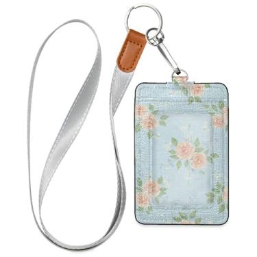 Imagem de Burbuja Porta-crachá de couro com cordão, etiqueta de identificação de rosas com 1 janela transparente para identidade e 2 compartimentos para cartão para escritório, enfermeira, professor, médico