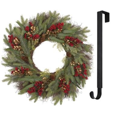 Imagem de YUGALI Guirlanda de Natal de 66 cm com luzes de cabide para porta da frente ao ar livre, cachos de abeto, pinhas, decoração de inverno, decoração de parede interna