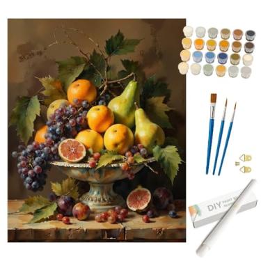 Imagem de Kit de pintura por números Still Life para adultos – Tigela de frutas DIY com pintura de peras e uvas em tela enrolada 40,6 x 50,8 cm, conjunto de tinta acrílica, adequado para iniciantes, arte para