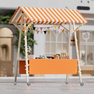 Imagem de Carrinho móvel portátil para eventos de comida e sorvete, barraca dobrável para carrinho de mão para suporte de frutas/flores, quiosque de cachorro-quente de madeira, 120 cm de largura (laranja)