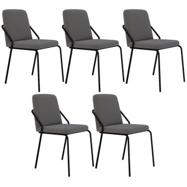 Imagem de Kit 05 Cadeiras Estofada Para Sala De Jantar Loft Preto C01 Linho Fendi Cinza - Lyam Decor