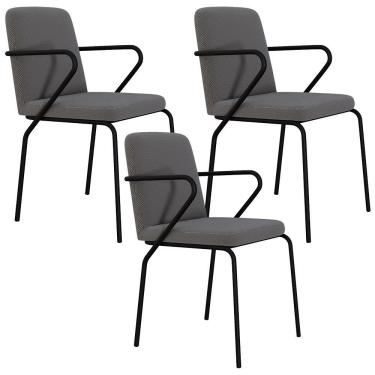 Imagem de Kit 03 Cadeiras Estofada Para Sala De Jantar Com Braço Loft Preto C01 Linho Fendi Cinza - Lyam Decor