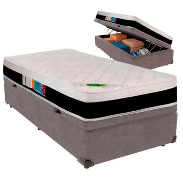 Imagem de Cama Box Baú Solteirão e Colchão Roma Molas Ensacadas Luckspuma Cinza