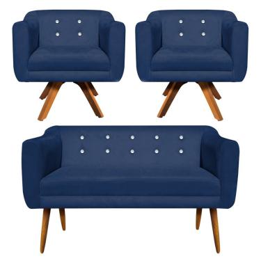 Imagem de Kit 01 Namoradeira E 02 Poltronas Julia Suede Azul Marinho