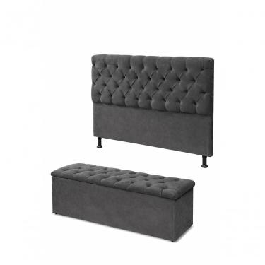 Imagem de Kit Cabeceira De Cama Box Com Calçadeira Baú Mirage Capitonê Casal 140 Cm Suede Cinza Escuro Eli Móveis E Decoração