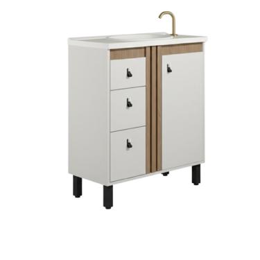 Imagem de Gabinete para Banheiro Samir de Chão MDF 80CM Branco Jequitibá com Gavetas e Portas