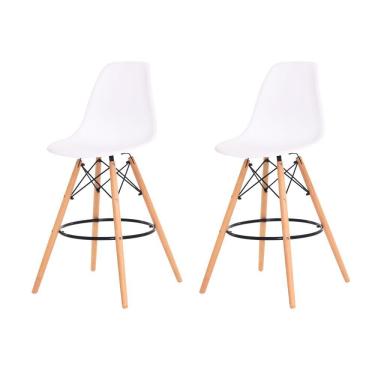 Imagem de Kit 2 Banquetas Alta Eiffel Eames Branca Base Madeira Cozinha Bar Bistrô Bancada