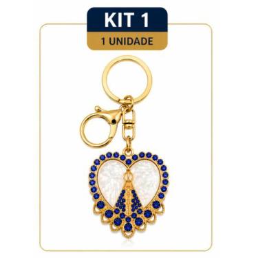 Imagem de Chaveiro Nossa Senhora Aparecida Dourado com Strass Azul Lembrancinha 