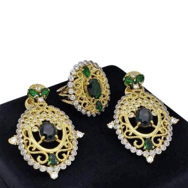 Imagem de Conjunto Anel e Brincos Verde Esmeralda Rendado Zirconias Banho Ouro 1